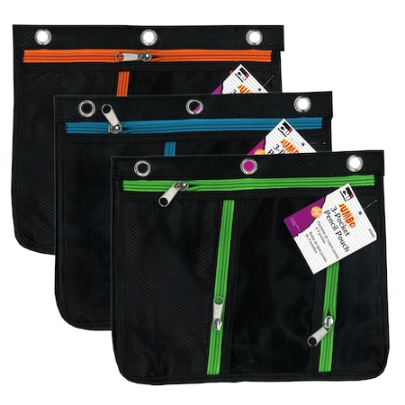 Charles Leonard Three Pocket Pencil Pouch, Assorted Colors, Expands to 1in., 3PK 76395-3